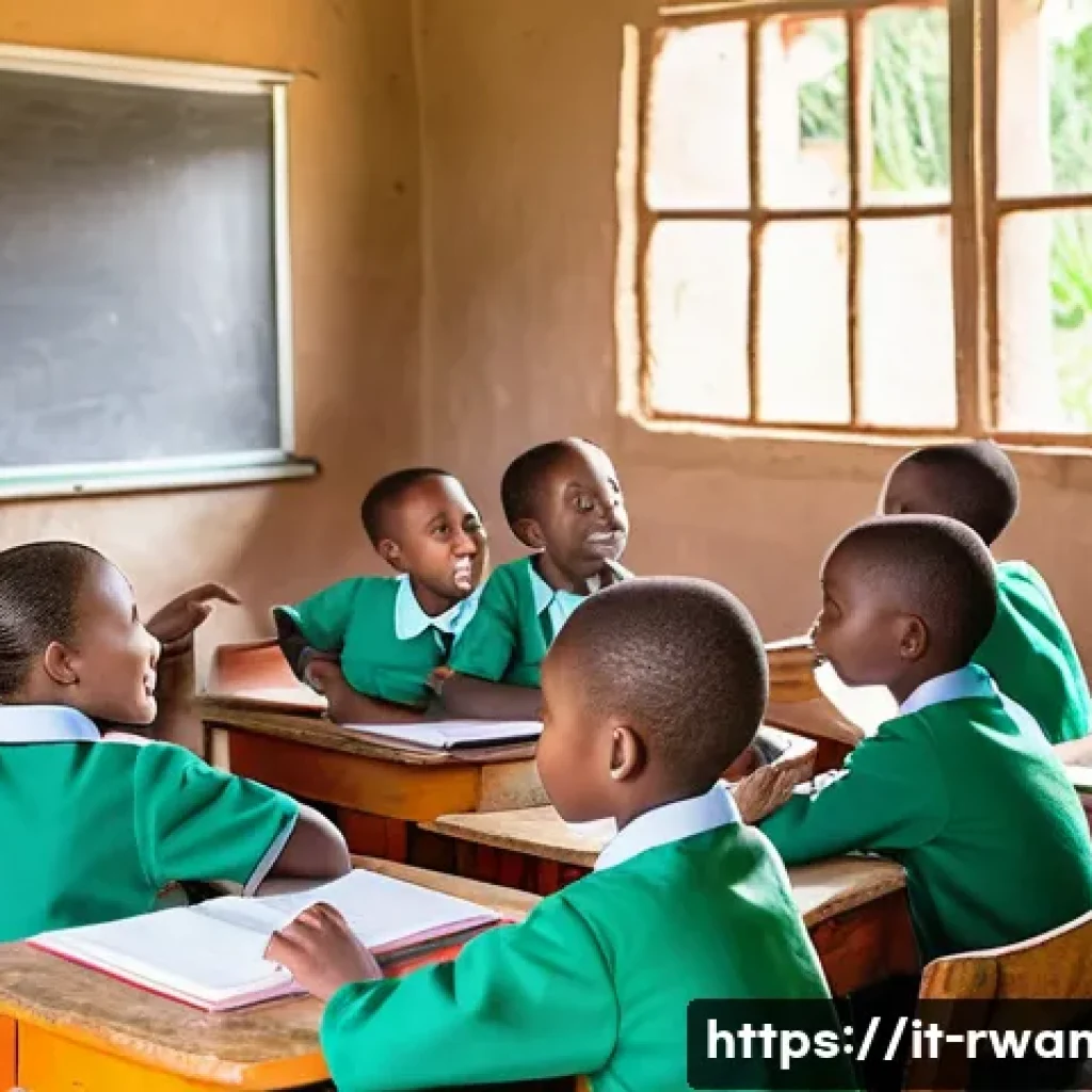 르완다의 주요 NGO 프로젝트 - A vibrant rural classroom scene in Rwanda showing children aged 8-12 engaged with digital tablets an...