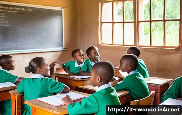 르완다의 주요 NGO 프로젝트 - A vibrant rural classroom scene in Rwanda showing children aged 8-12 engaged with digital tablets an...
