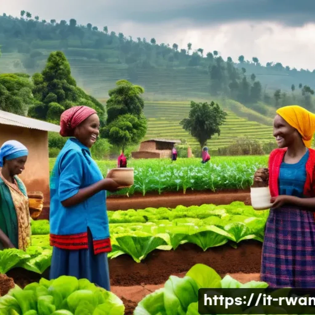 르완다에서의 공정무역 프로그램 - A vibrant Rwandan farming cooperative scene showing diverse men and women working together in sustai...