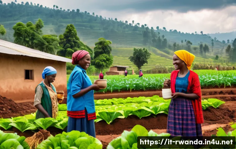 르완다에서의 공정무역 프로그램 - A vibrant Rwandan farming cooperative scene showing diverse men and women working together in sustai...