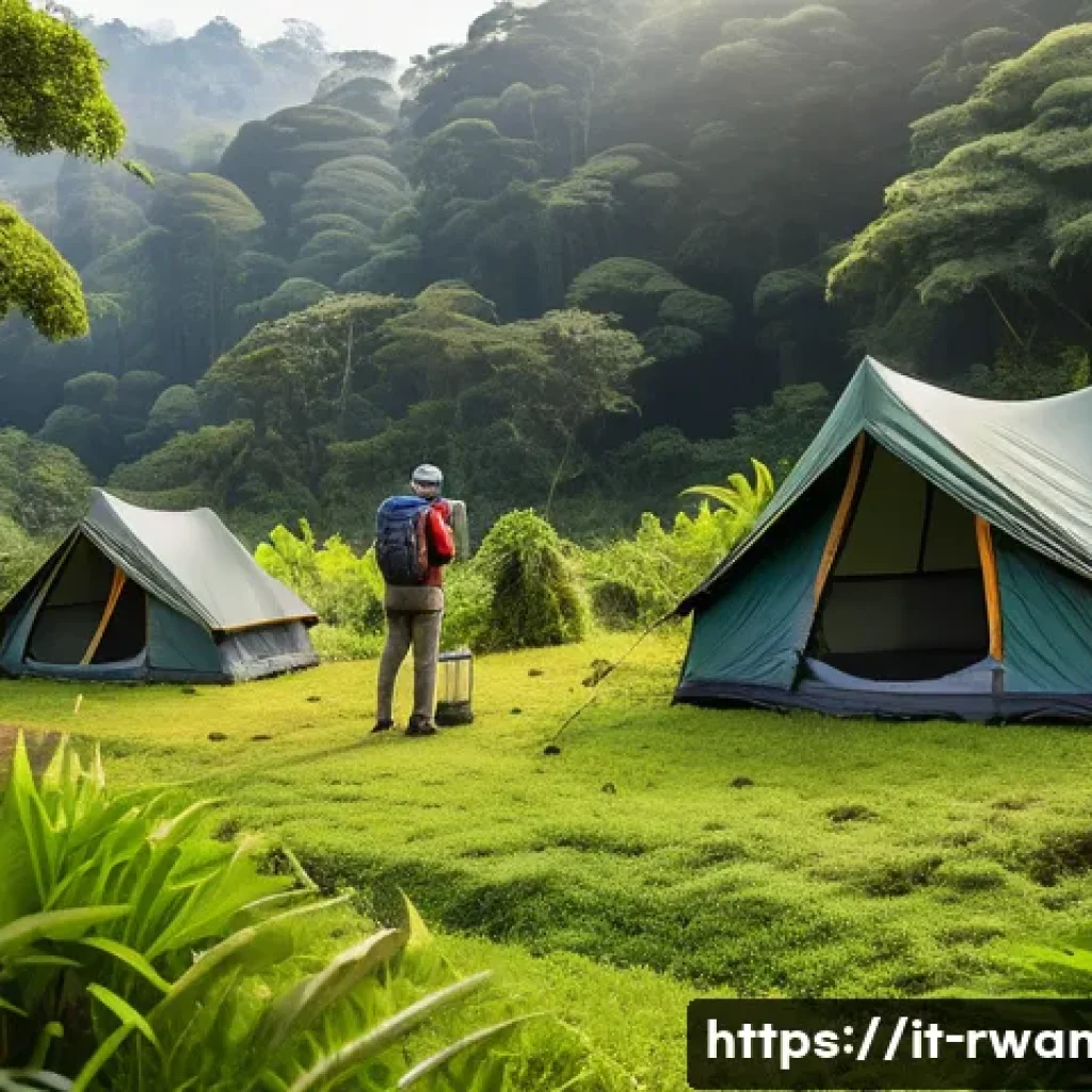 르완다에서의 에코 캠핑 장소 - A serene eco-camping scene in Rwanda’s Nyungwe Forest featuring suspended tents made from natural, r...