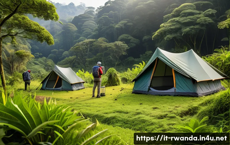 르완다에서의 에코 캠핑 장소 - A serene eco-camping scene in Rwanda&rsquo;s Nyungwe Forest featuring suspended tents made from natural, r...