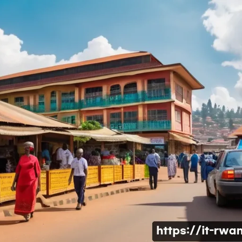 르완다 여행 안전 팁 - A vibrant street scene in Kigali city center during daylight, showcasing diverse people walking safe...