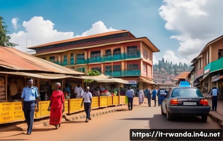 르완다 여행 안전 팁 - A vibrant street scene in Kigali city center during daylight, showcasing diverse people walking safe...