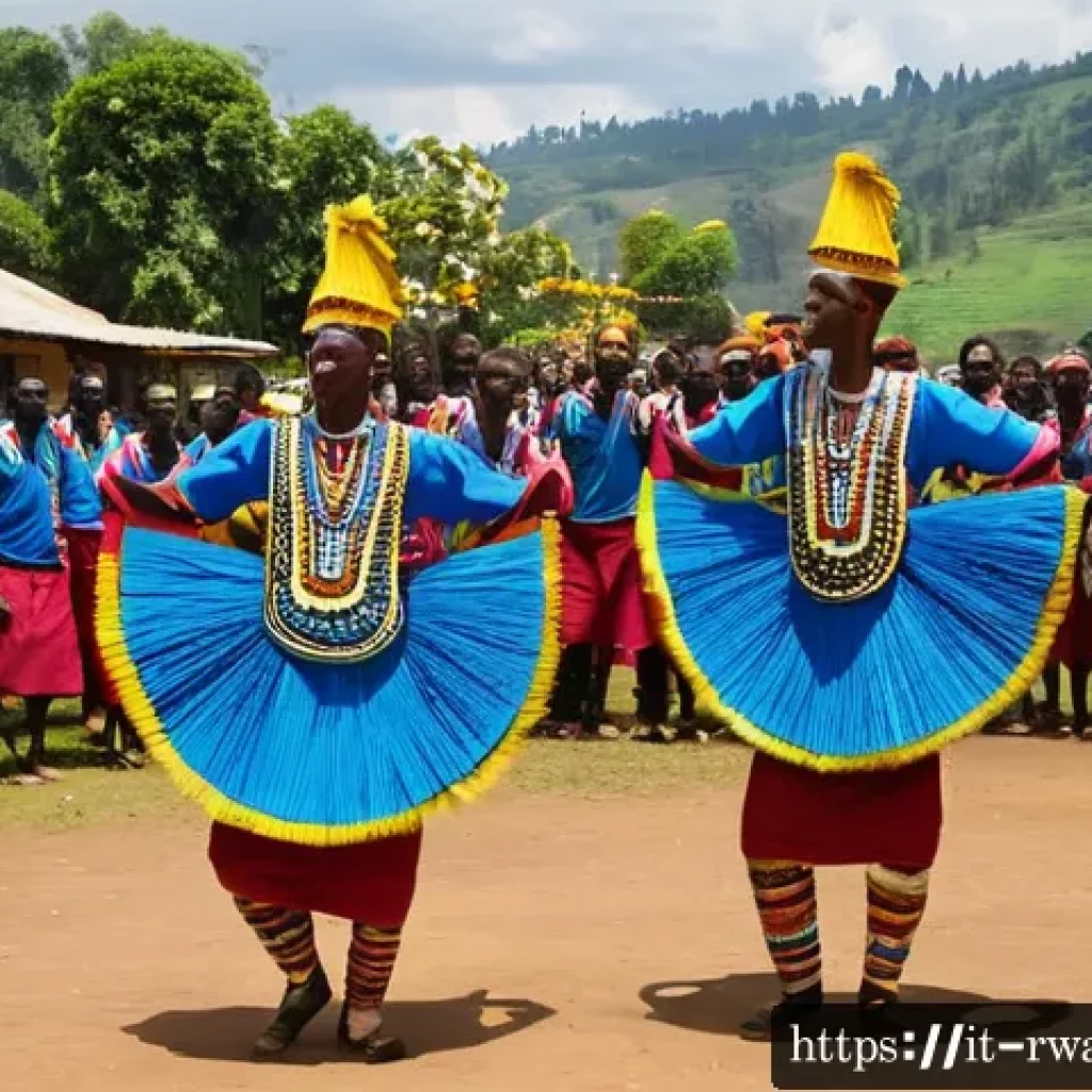 르완다 부족별 특성 - A vibrant traditional Rwandan "Intore" dance scene featuring male dancers wearing elaborately decora...