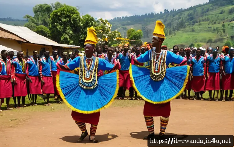 르완다 부족별 특성 - A vibrant traditional Rwandan "Intore" dance scene featuring male dancers wearing elaborately decora...