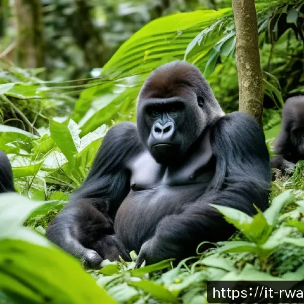 르완다의 고릴라 보호구역 소개 - A serene and detailed scene of a mountain gorilla family resting peacefully under the filtered sunli...