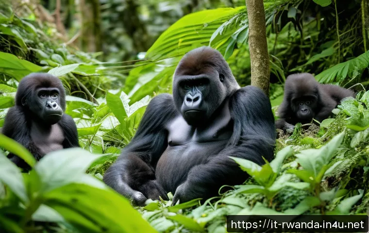 르완다의 고릴라 보호구역 소개 - A serene and detailed scene of a mountain gorilla family resting peacefully under the filtered sunli...