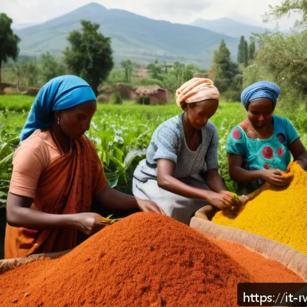 르완다에서의 전통 염색 공예 - A serene Rwandan village scene during the traditional natural dye harvesting season: women carefully...