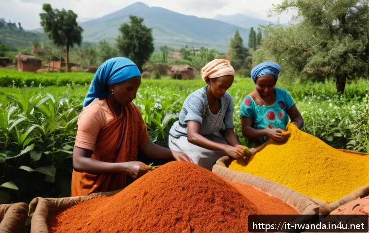 르완다에서의 전통 염색 공예 - A serene Rwandan village scene during the traditional natural dye harvesting season: women carefully...