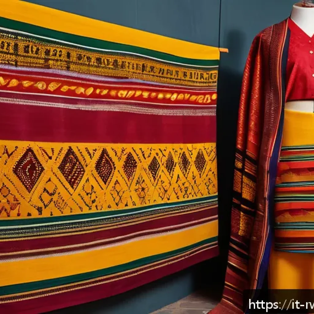 르완다 민속 의상 전시 - A vibrant Rwandan traditional textile displayed on a mannequin wearing modest underwear, featuring i...
