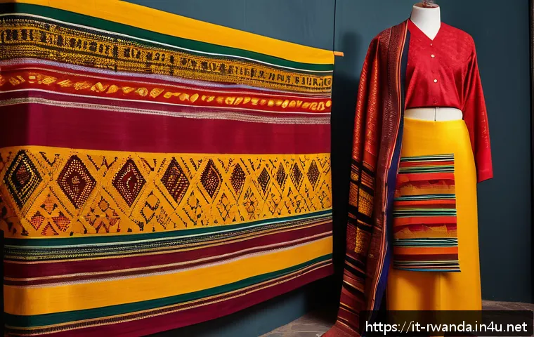 르완다 민속 의상 전시 - A vibrant Rwandan traditional textile displayed on a mannequin wearing modest underwear, featuring i...