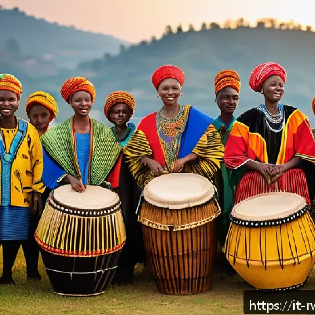 르완다 전통 춤 축제 - A vibrant scene of a traditional Rwandan dance festival outdoors at sunset, featuring dancers dresse...