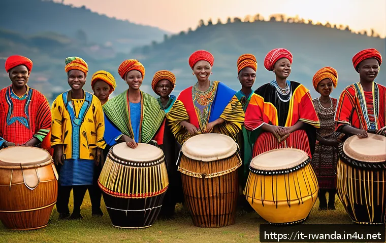 르완다 전통 춤 축제 - A vibrant scene of a traditional Rwandan dance festival outdoors at sunset, featuring dancers dresse...