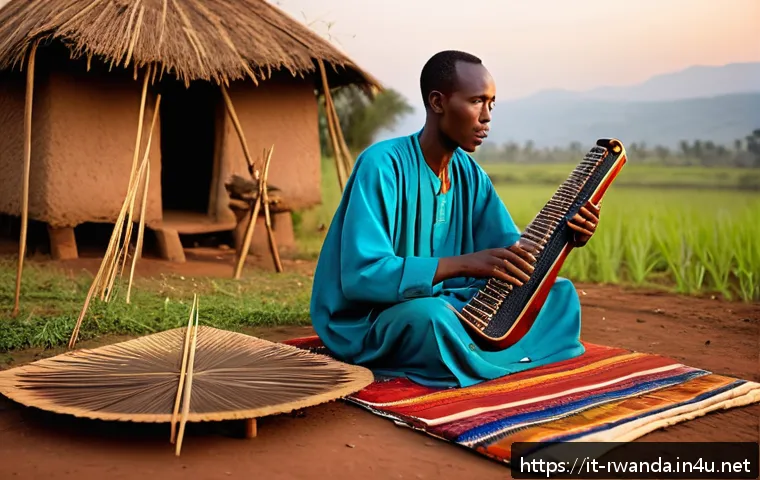 르완다 전통 악기 - A traditional Rwandan village scene at dusk featuring a skilled musician playing the inanga, a flat ...