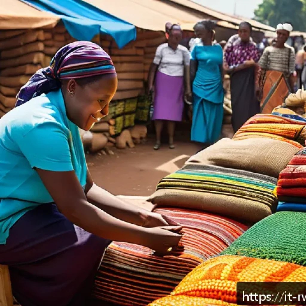 르완다의 도시별 특성 - A vibrant Rwandan urban street market scene showcasing traditional craftsmanship and colorful textil...