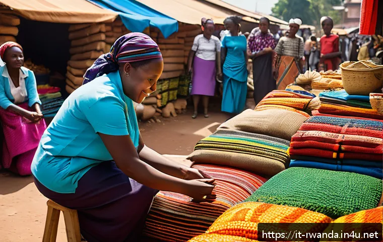 르완다의 도시별 특성 - A vibrant Rwandan urban street market scene showcasing traditional craftsmanship and colorful textil...