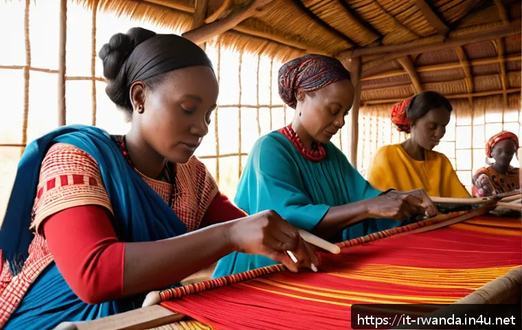 르완다 전통 직물 박람회 - A vibrant scene showcasing Rwandan women artisans weaving traditional textiles by hand, sitting in a...