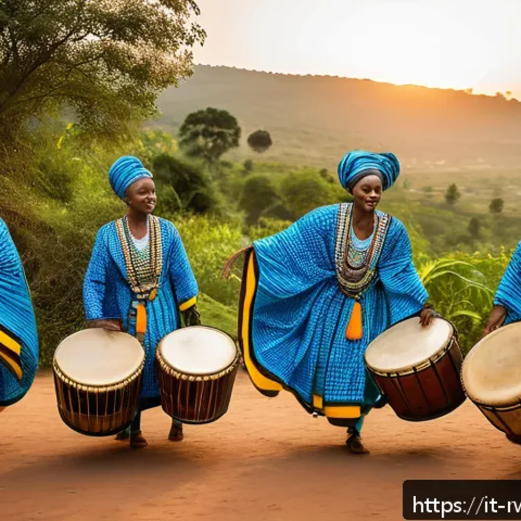 르완다의 주요 민속 문화 전시회 - A vibrant Rwandan traditional dance ceremony at sunset, featuring a group of dancers wearing colorfu...