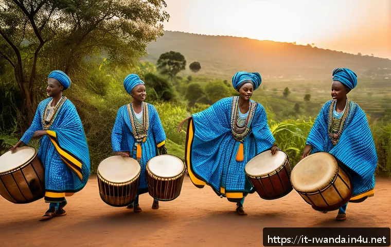 르완다의 주요 민속 문화 전시회 - A vibrant Rwandan traditional dance ceremony at sunset, featuring a group of dancers wearing colorfu...