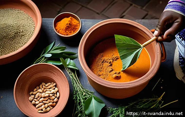 르완다의 전통 음식 요리 수업 - A vibrant traditional Rwandan kitchen scene showcasing a rustic clay pot over a wood fire stove, wit...