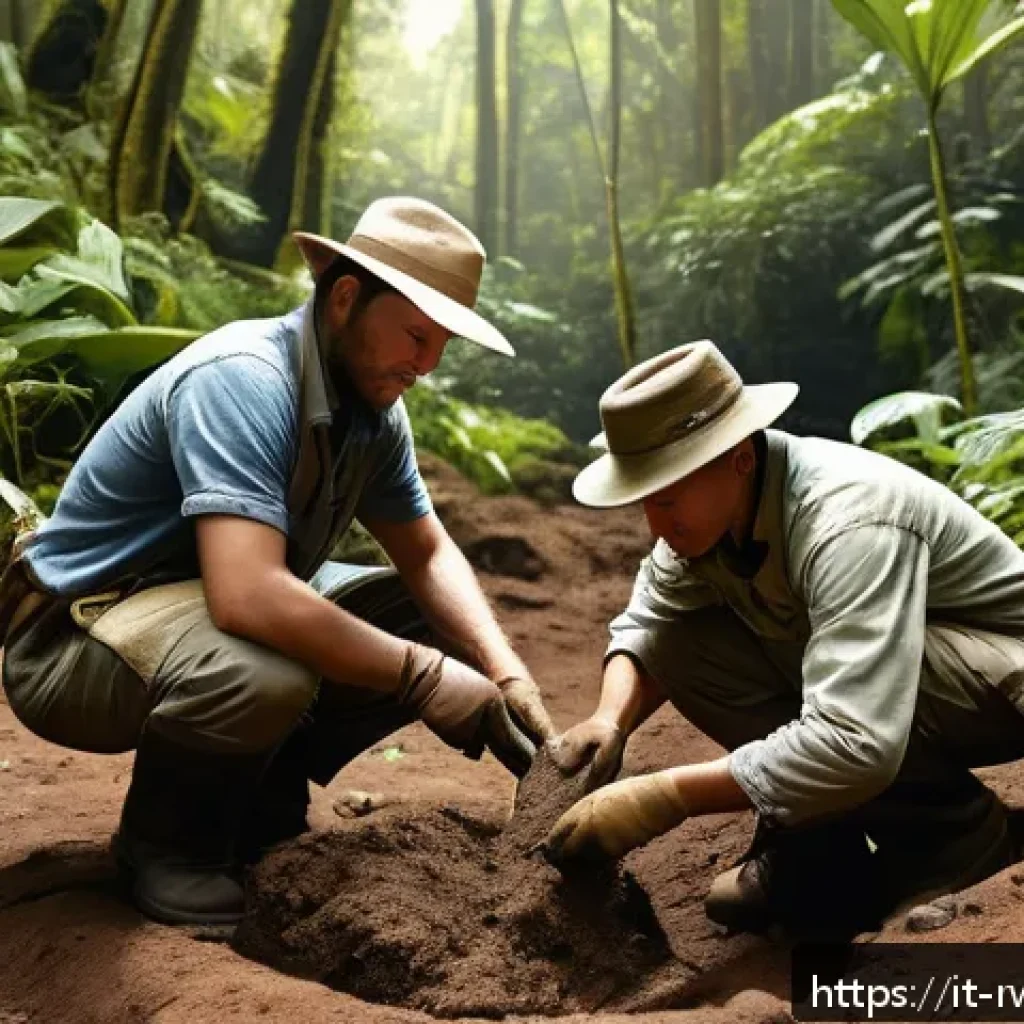 르완다의 고대 유적지 - A detailed scene of an archaeological excavation site deep within the lush Nyungwe rainforest, showi...