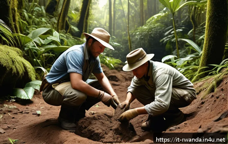 르완다의 고대 유적지 - A detailed scene of an archaeological excavation site deep within the lush Nyungwe rainforest, showi...