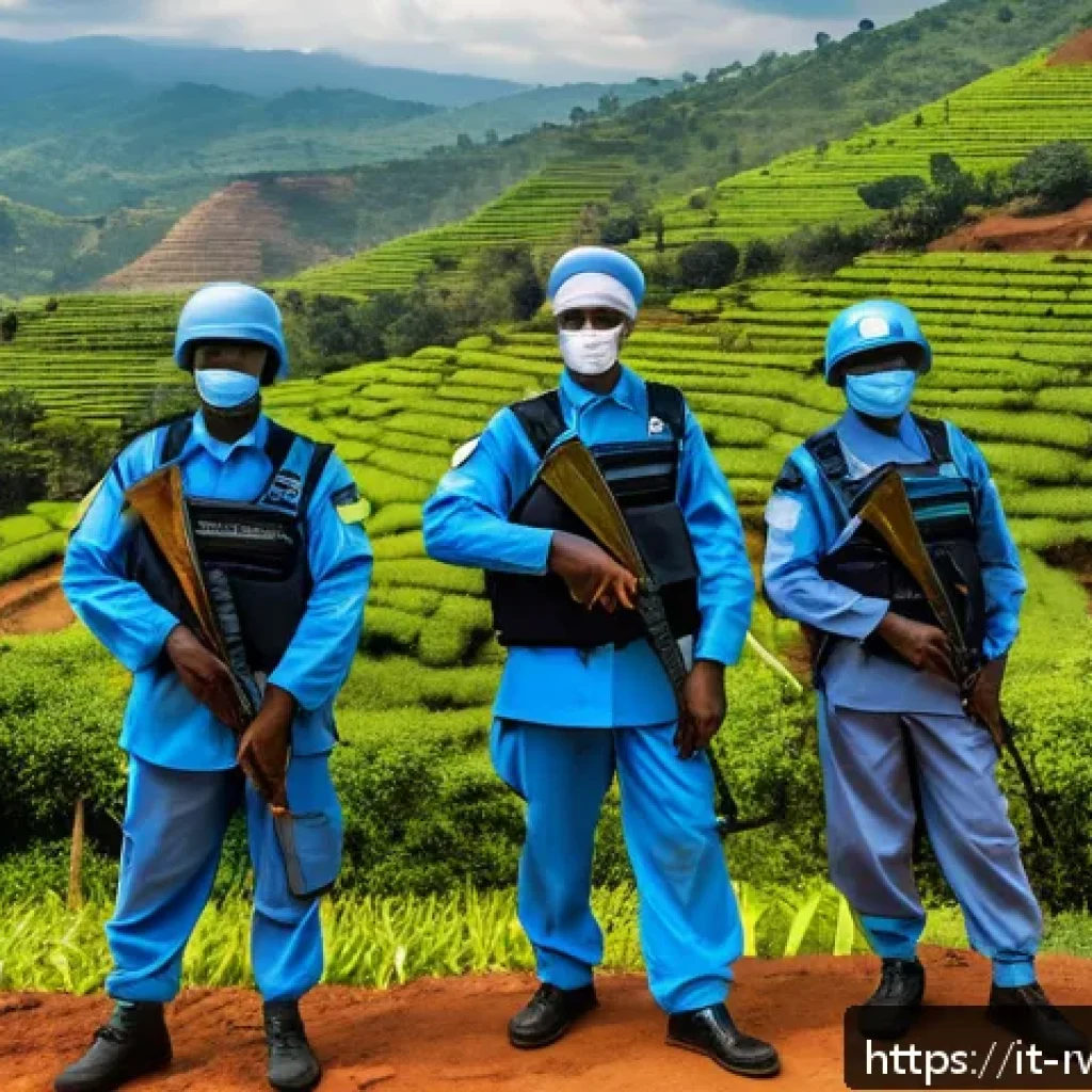르완다와 UN 관계 - A diverse group of Rwandan UN peacekeepers in full uniform and protective gear, standing confidently...