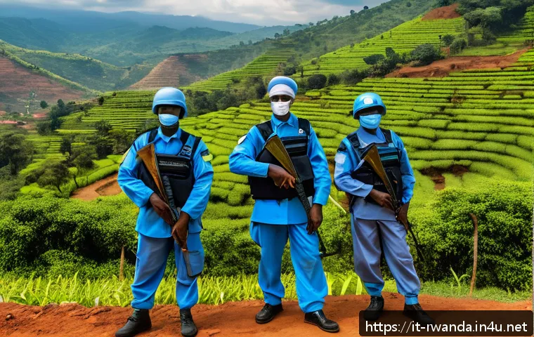 르완다와 UN 관계 - A diverse group of Rwandan UN peacekeepers in full uniform and protective gear, standing confidently...