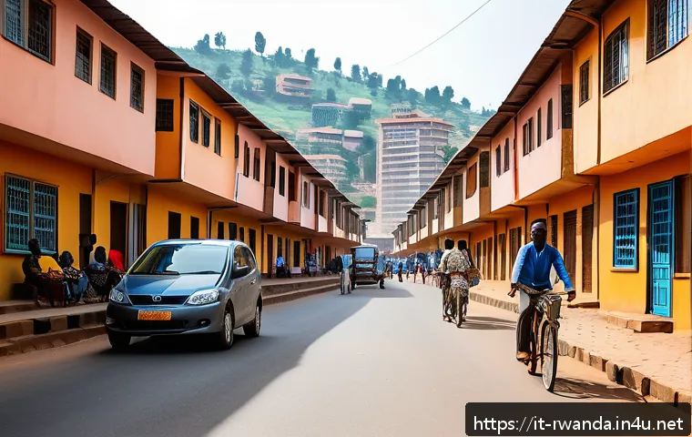 르완다의 주요 사회적 이슈 정리 - A vibrant urban street scene in Kigali, Rwanda, showcasing diverse local communities interacting pea...