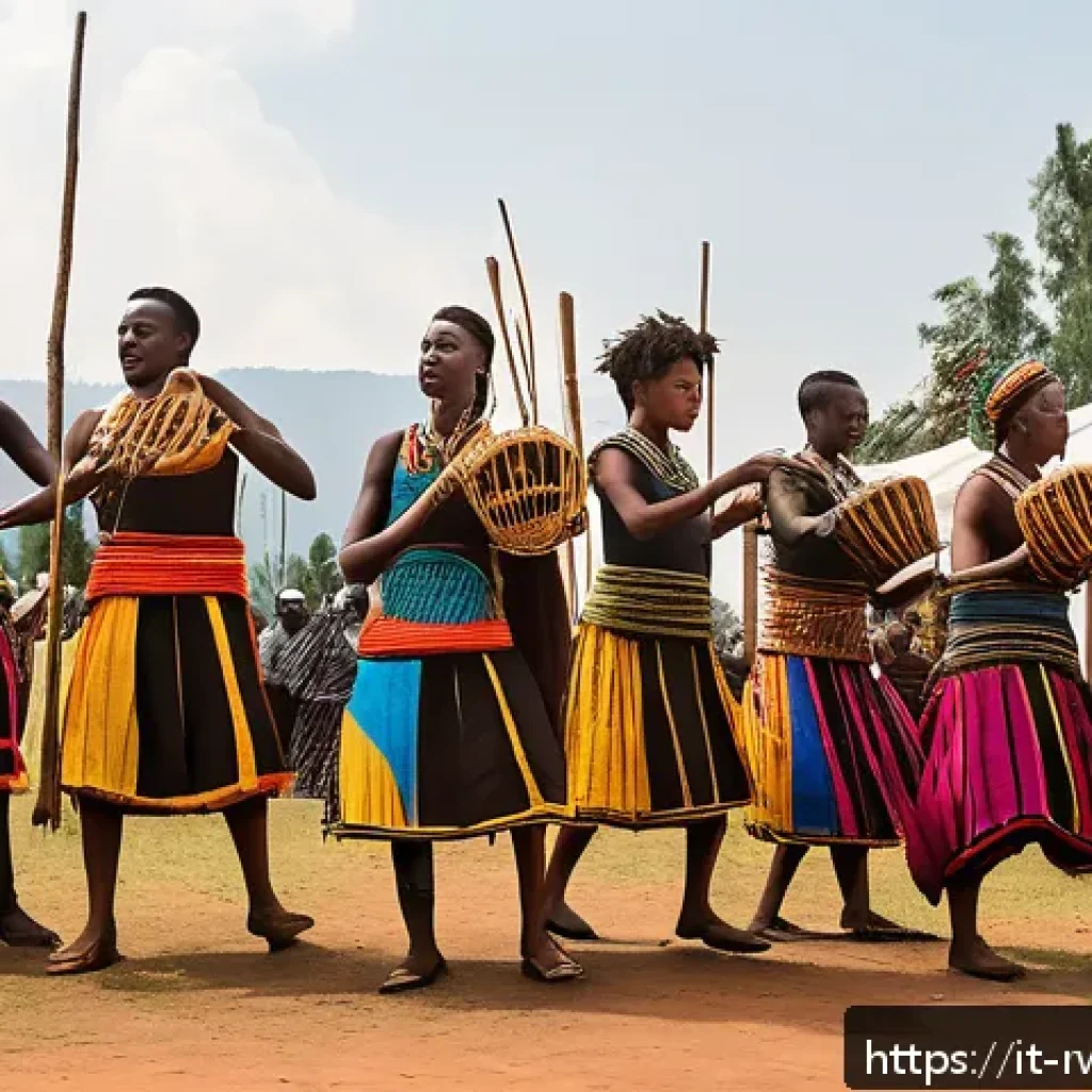 르완다 민속 음악 콘서트 - A vibrant traditional Rwandan music ceremony featuring musicians playing the inqanda drums, umuduri ...