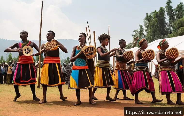 르완다 민속 음악 콘서트 - A vibrant traditional Rwandan music ceremony featuring musicians playing the inqanda drums, umuduri ...