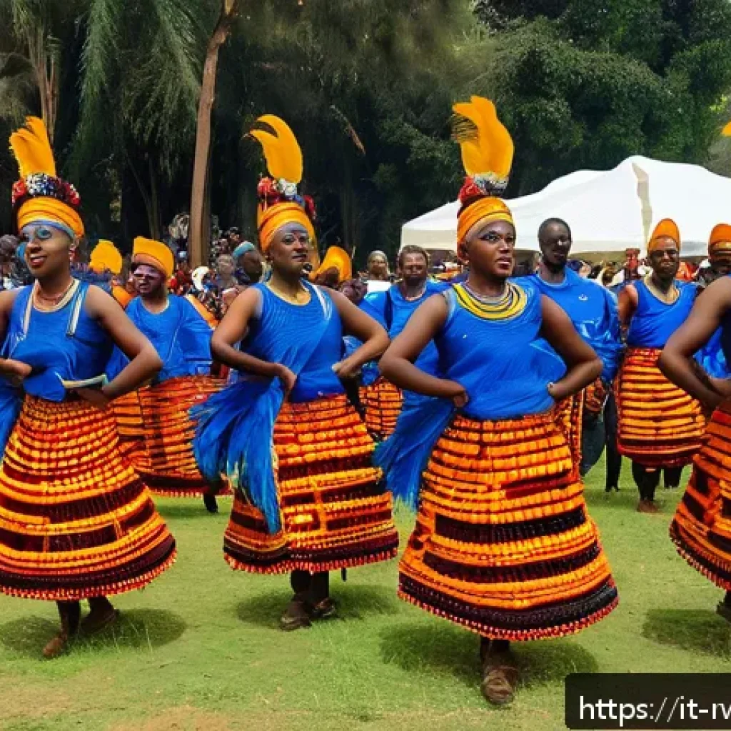 르완다의 전통 춤 교육 - A vibrant traditional Rwandan dance performance set outdoors during a cultural festival in Kigali. T...