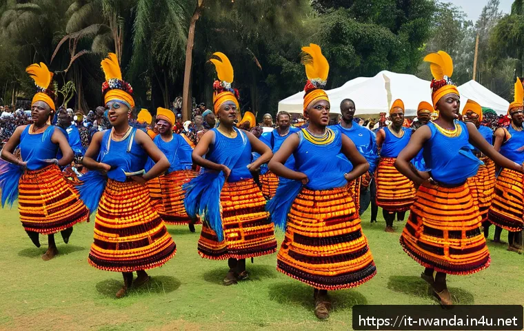 르완다의 전통 춤 교육 - A vibrant traditional Rwandan dance performance set outdoors during a cultural festival in Kigali. T...