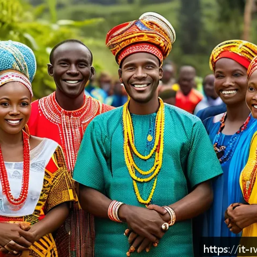 르완다 전통 혼례 - A vibrant traditional Rwandan wedding scene set outdoors in a lush village environment during daytim...