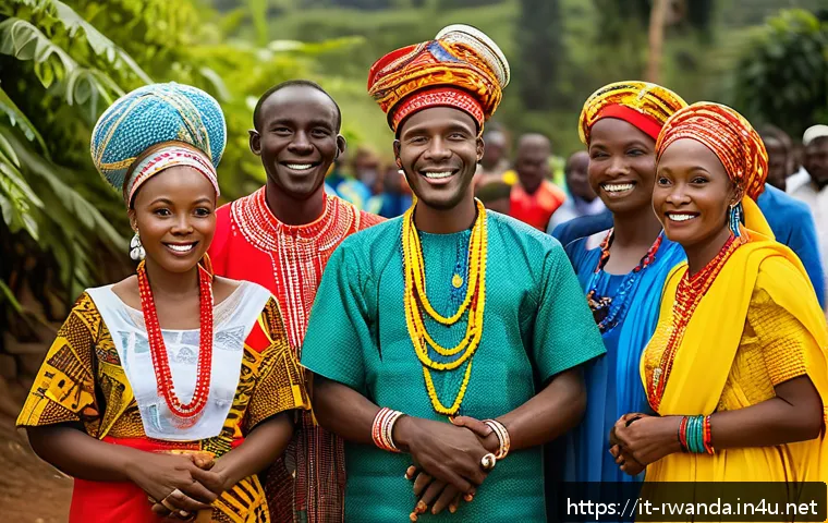 르완다 전통 혼례 - A vibrant traditional Rwandan wedding scene set outdoors in a lush village environment during daytim...