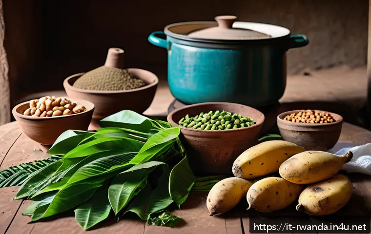 르완다 민속 음식 요리법 - A vibrant Rwandan kitchen scene showcasing traditional ingredients: fresh green banana bunches, mani...