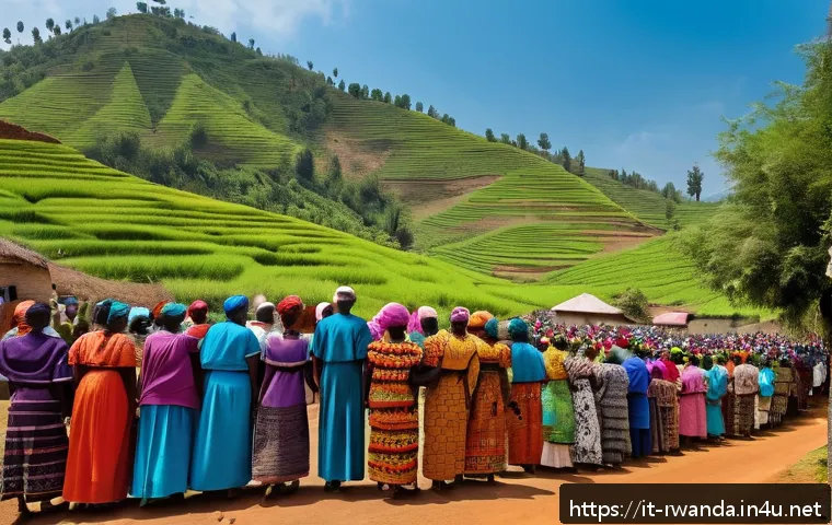 르완다의 주요 종교 축제 - A vibrant rural Rwandan village scene during a traditional Easter celebration, featuring a diverse c...