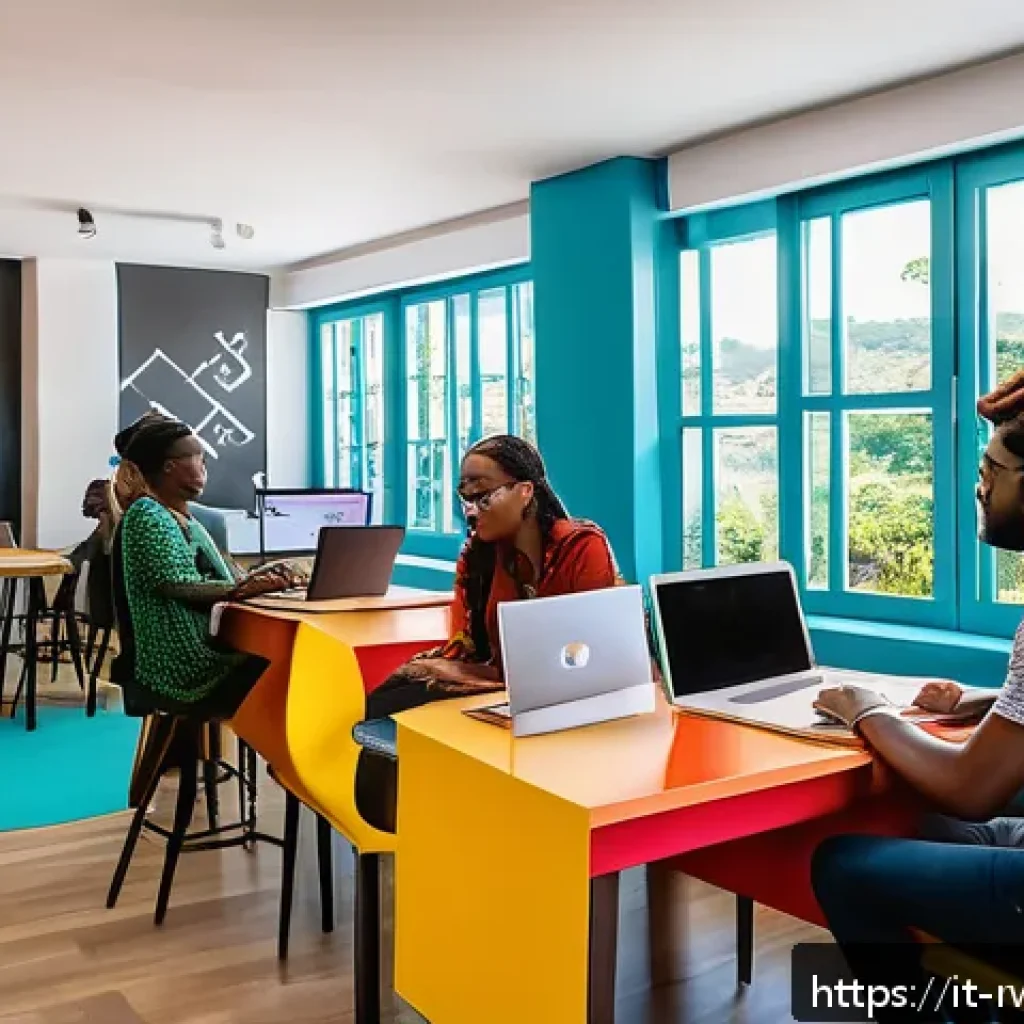 르완다에서의 창업 지원 - A vibrant coworking space in Kigali, Rwanda, bustling with diverse young entrepreneurs collaborating...
