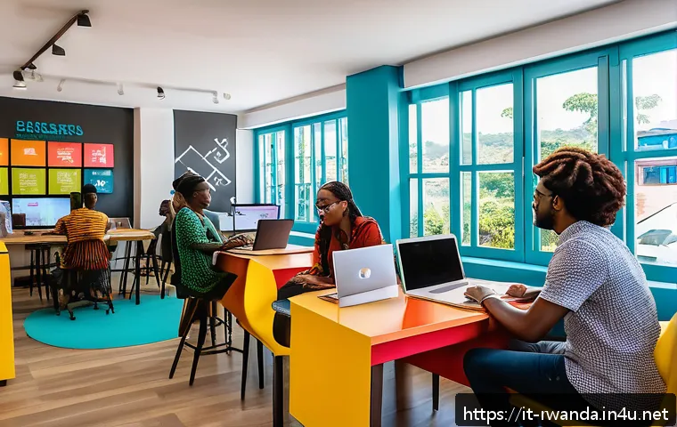 르완다에서의 창업 지원 - A vibrant coworking space in Kigali, Rwanda, bustling with diverse young entrepreneurs collaborating...