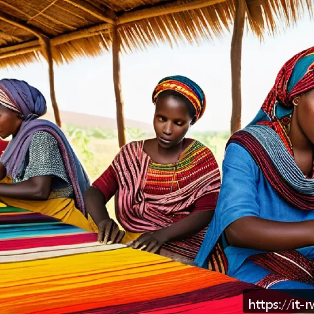 르완다 민속 의상 제작 과정 - A vibrant Rwandan traditional fabric weaving scene set in a rural village workshop: several women we...