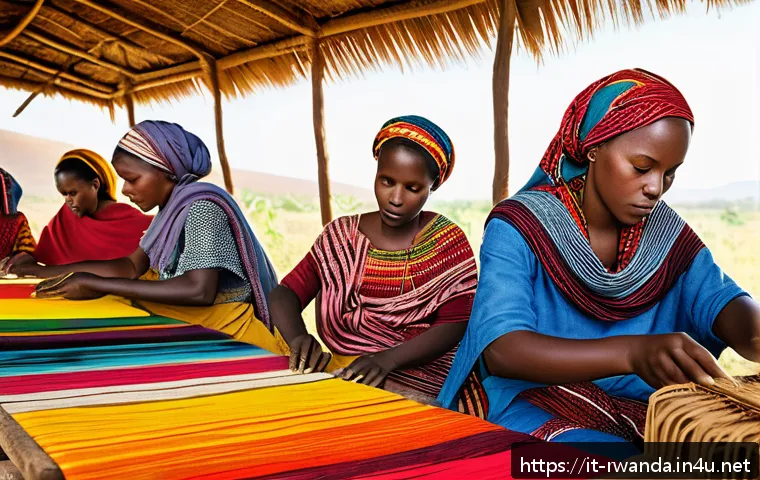 르완다 민속 의상 제작 과정 - A vibrant Rwandan traditional fabric weaving scene set in a rural village workshop: several women we...
