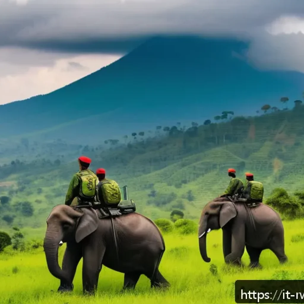 르완다의 주요 생태 보호 정책 - A vibrant scene of Rwandan national park with lush green forests and diverse wildlife including moun...