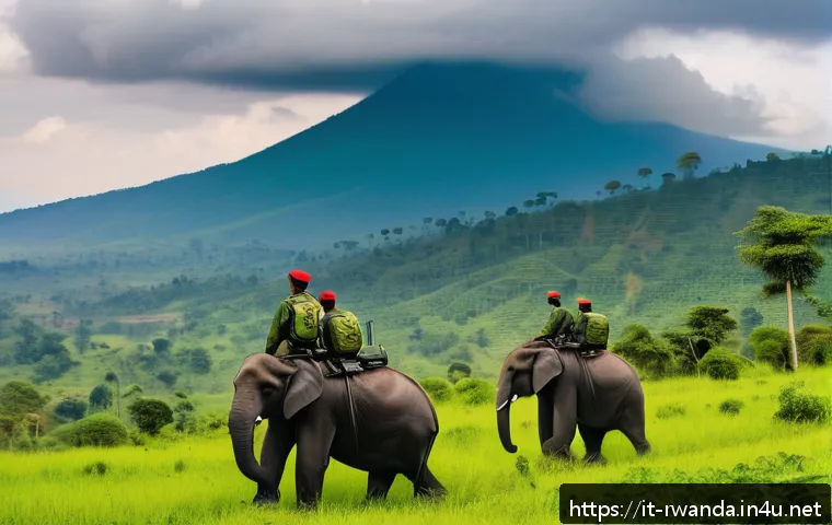 르완다의 주요 생태 보호 정책 - A vibrant scene of Rwandan national park with lush green forests and diverse wildlife including moun...