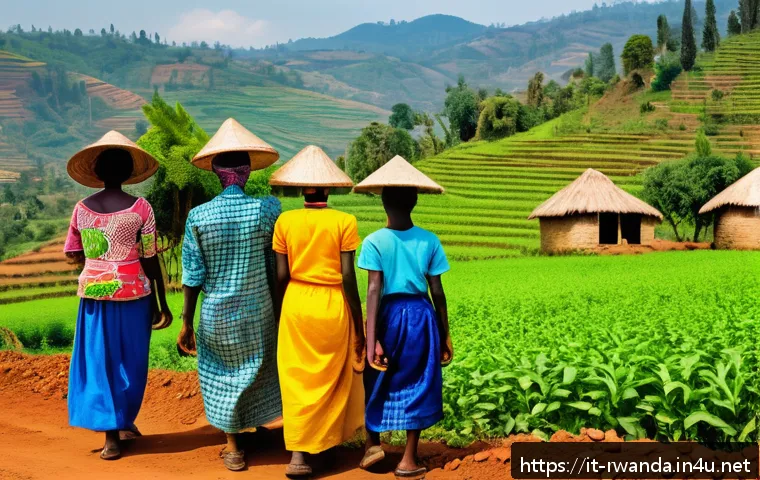 르완다에서의 봉사 활동 - A vibrant rural Rwandan community scene showing diverse local families working together in agricultu...