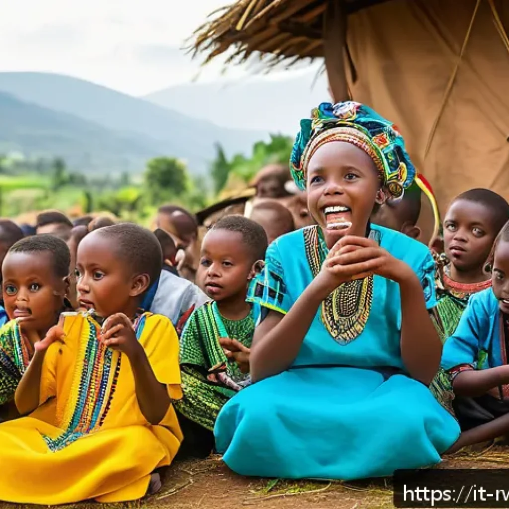 르완다 민속 음악과 춤의 교육적 가치 - A vibrant traditional Rwandan village scene during a communal celebration, featuring elders and chil...