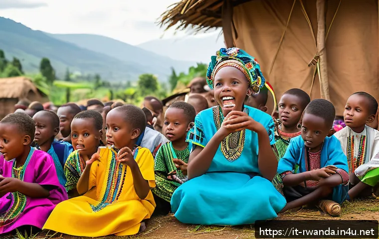 르완다 민속 음악과 춤의 교육적 가치 - A vibrant traditional Rwandan village scene during a communal celebration, featuring elders and chil...