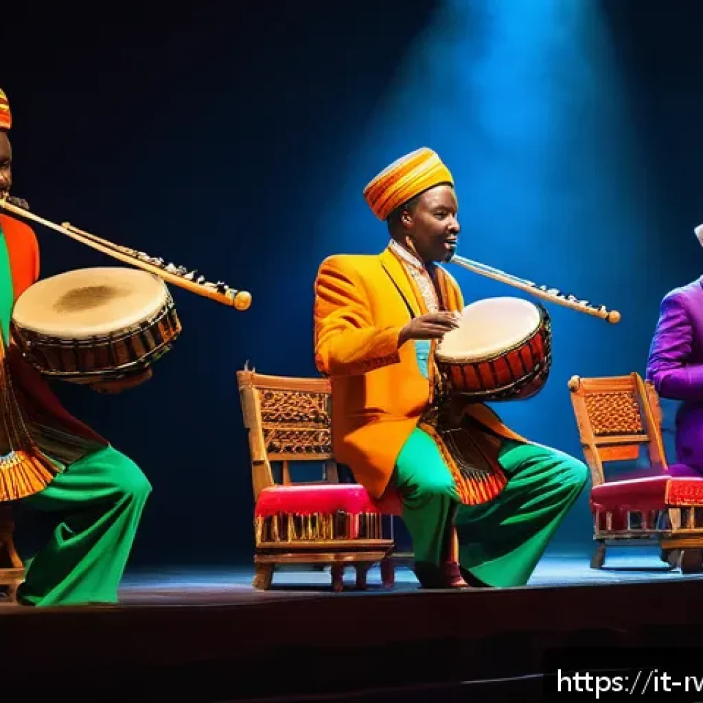 르완다 민속 음악 공연 일정 - A vibrant scene of traditional Rwandan musicians performing on stage in an Italian historic theater,...