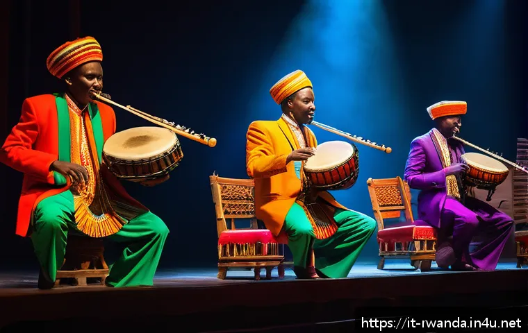 르완다 민속 음악 공연 일정 - A vibrant scene of traditional Rwandan musicians performing on stage in an Italian historic theater,...