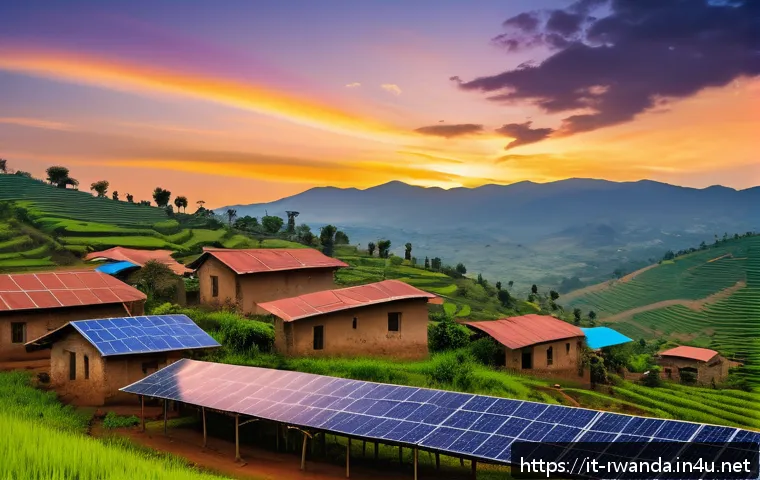 르완다에서의 재생 에너지 - A vibrant rural Rwandan village scene at sunset, showcasing small-scale solar panels installed on th...